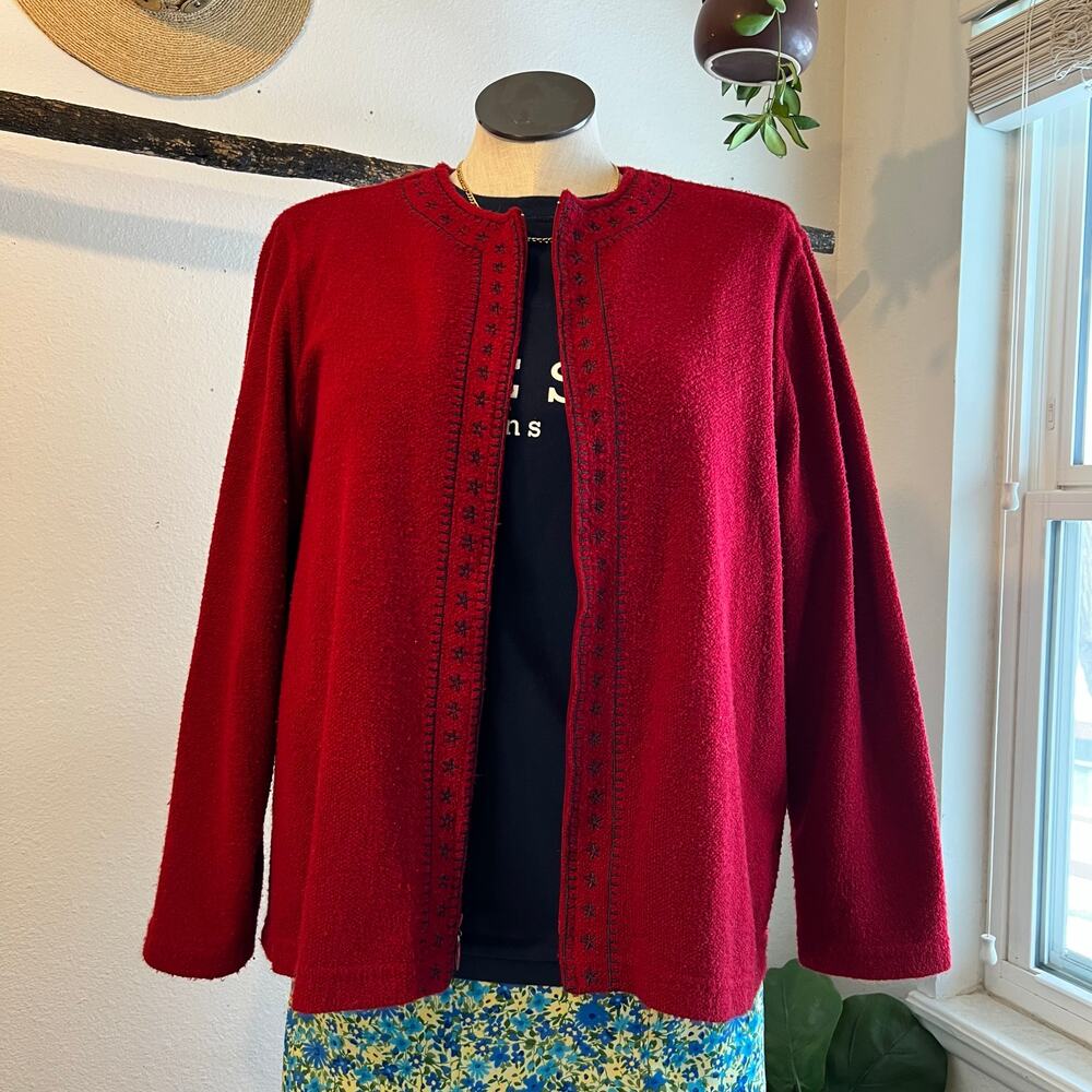 Vintage 90s Soft Red Zip Up Floral Embroidered Cardigan Sweater Size XL